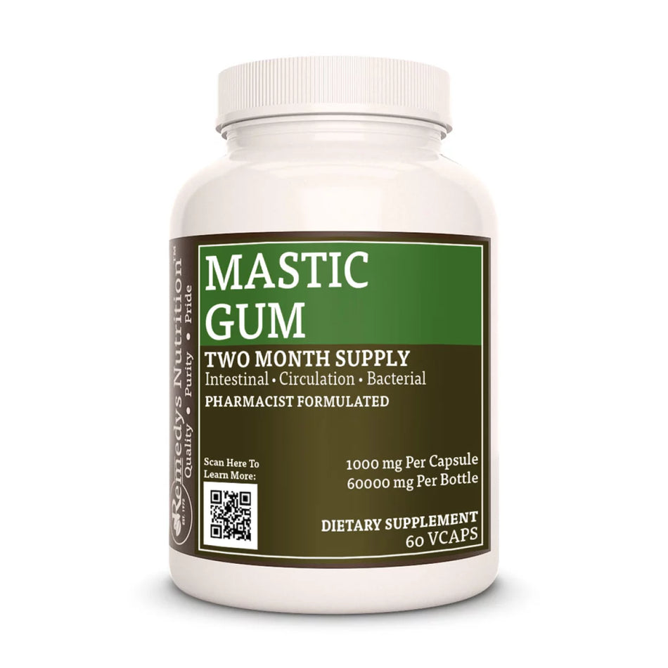 Image of Remedy's Nutrition® Mastic Gum Capsules Herbal Dietary Supplement front bottle. Made in the USA.