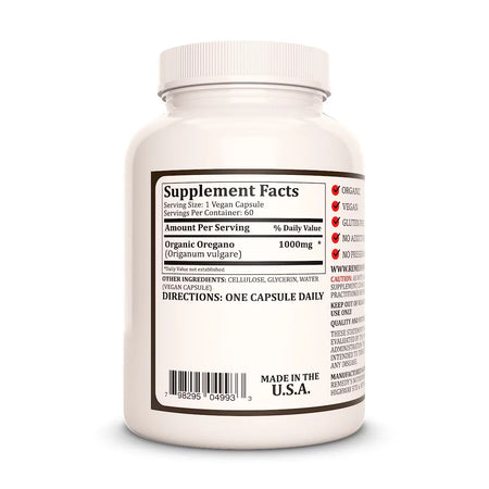Image of Remedy's Nutrition® Mediterranean Oregano Capsules Herbal Dietary Supplement back bottle. Made in the USA.