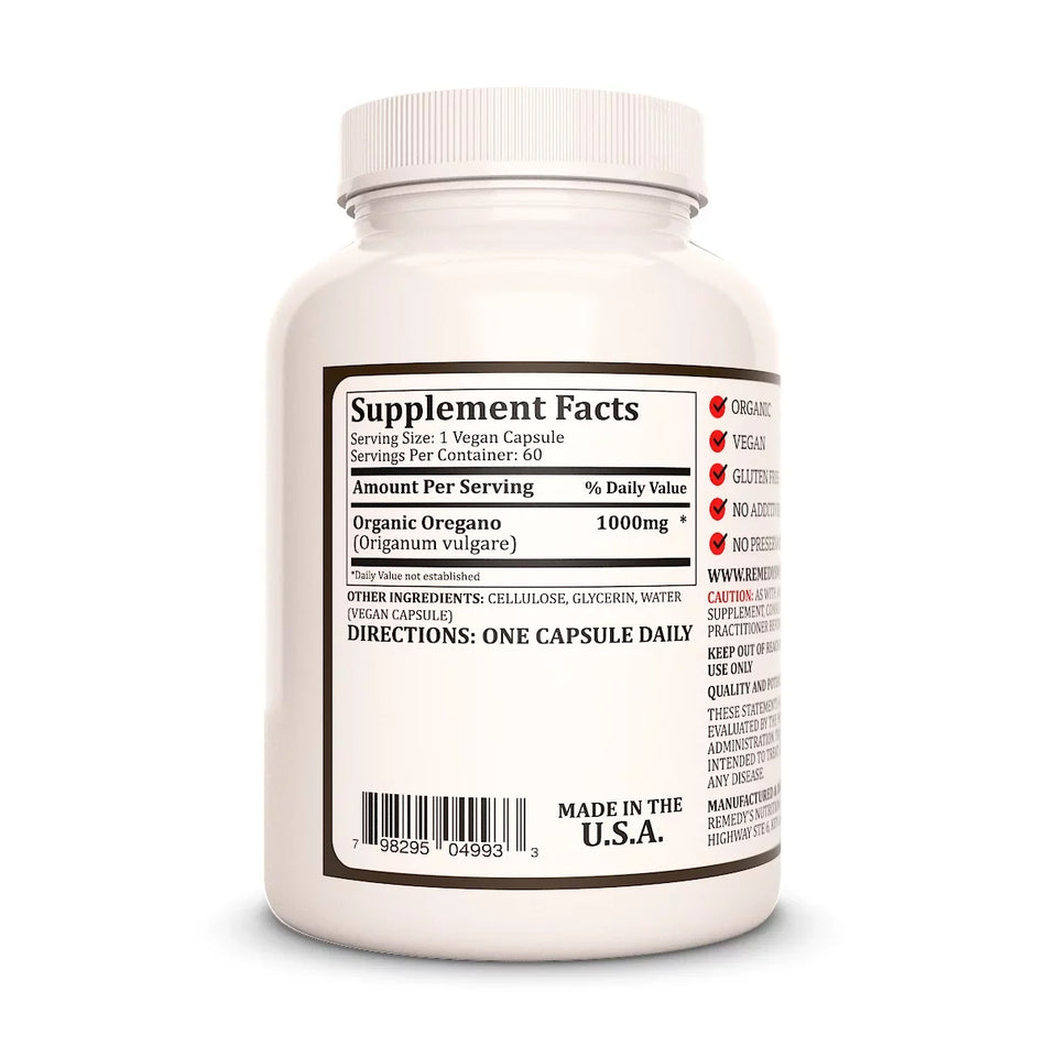 Image of Remedy's Nutrition® Mediterranean Oregano Capsules Herbal Dietary Supplement back bottle. Made in the USA.