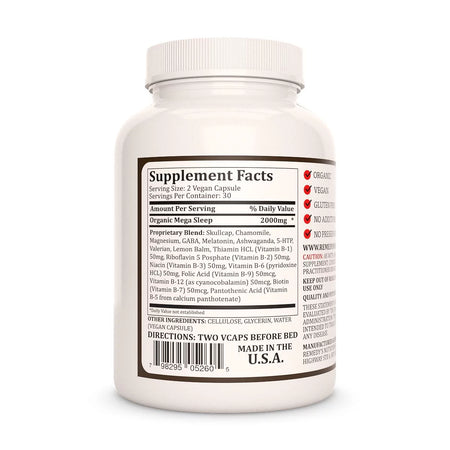 Image of Remedy's Nutrition® Mega Sleep™ back bottle label. Supplement Facts Ingredients Skullcap, Chamomile, Magnesium, GABA