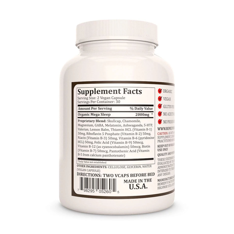 Image of Remedy's Nutrition® Mega Sleep™ back bottle label. Supplement Facts Ingredients Skullcap, Chamomile, Magnesium, GABA