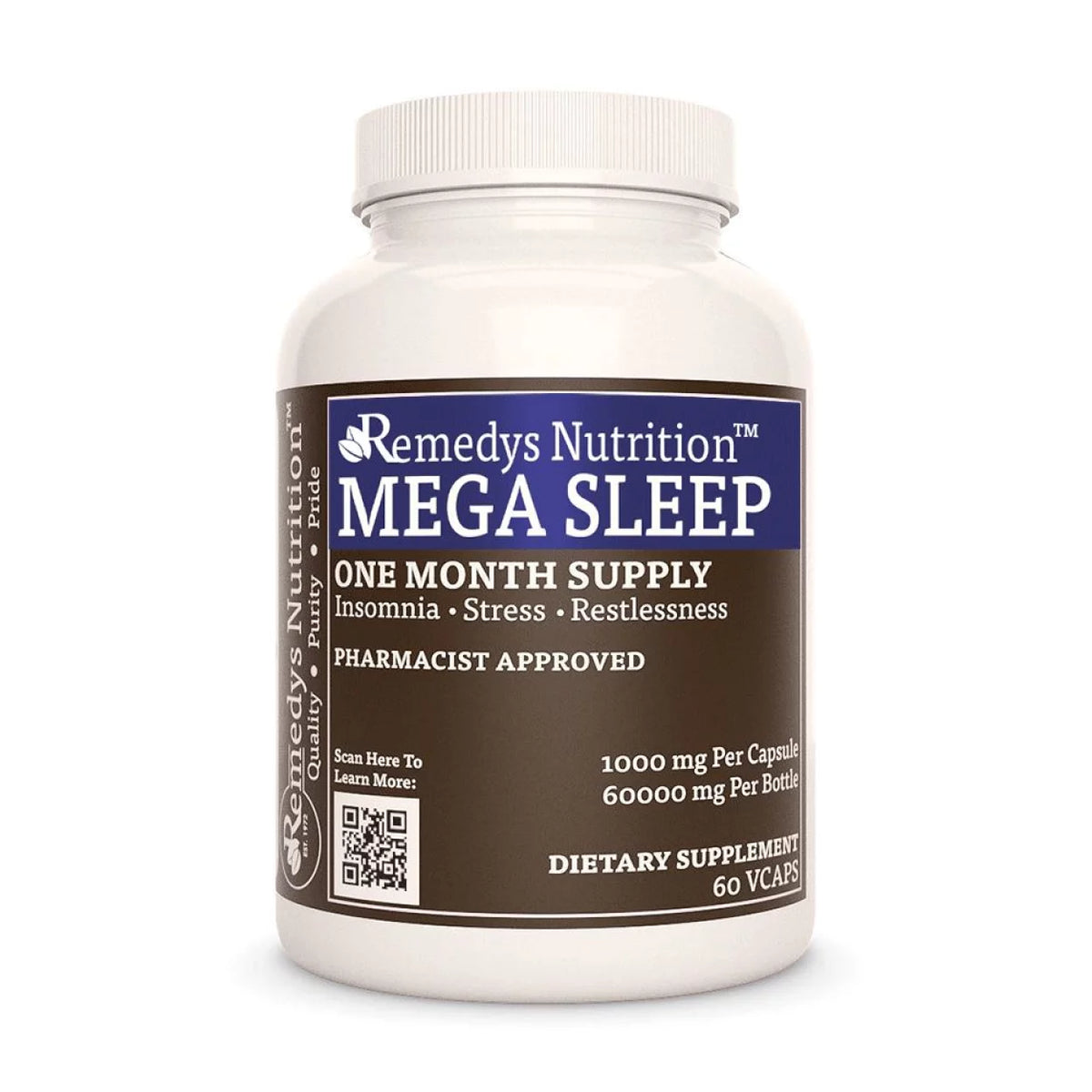 Image of Remedy's Nutrition® Mega Sleep™ Capsules Herbal Sleep Support Dietary Supplement front bottle. Made in the USA.