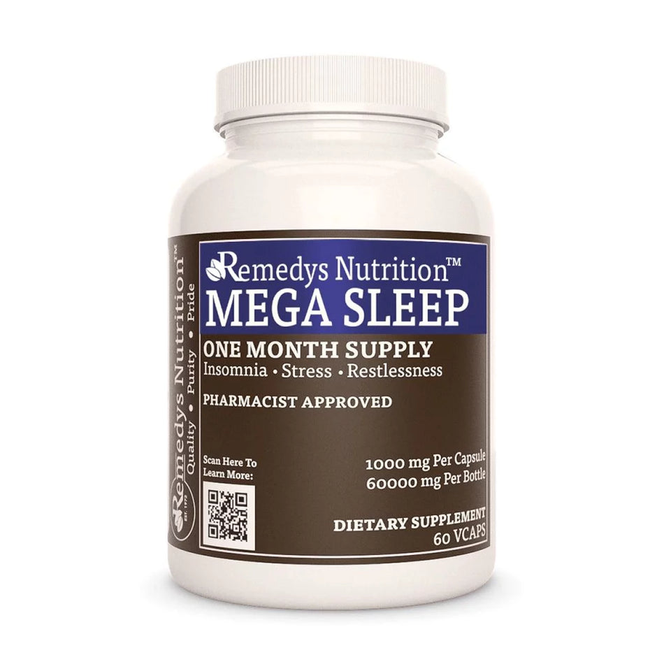 Image of Remedy's Nutrition® Mega Sleep™ Capsules Herbal Sleep Support Dietary Supplement front bottle. Made in the USA.