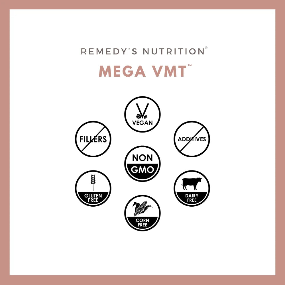 An ad for Remedy's Nutrition Mega VMT with icons showing it is vegan, non-GMO, and gluten-free.