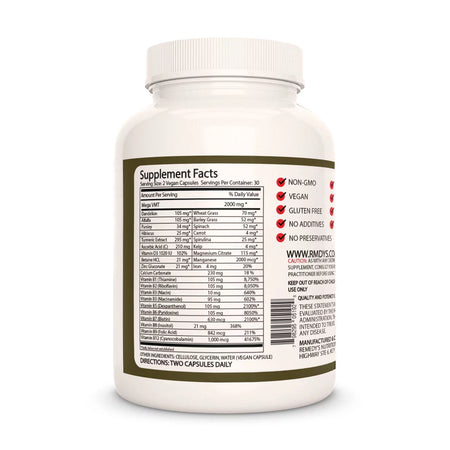 Image of Remedy's Nutrition® Mega VMT back bottle label. Supplement Facts, Ingredients B Vitamin C Turmeric Alfalfa Dandelion