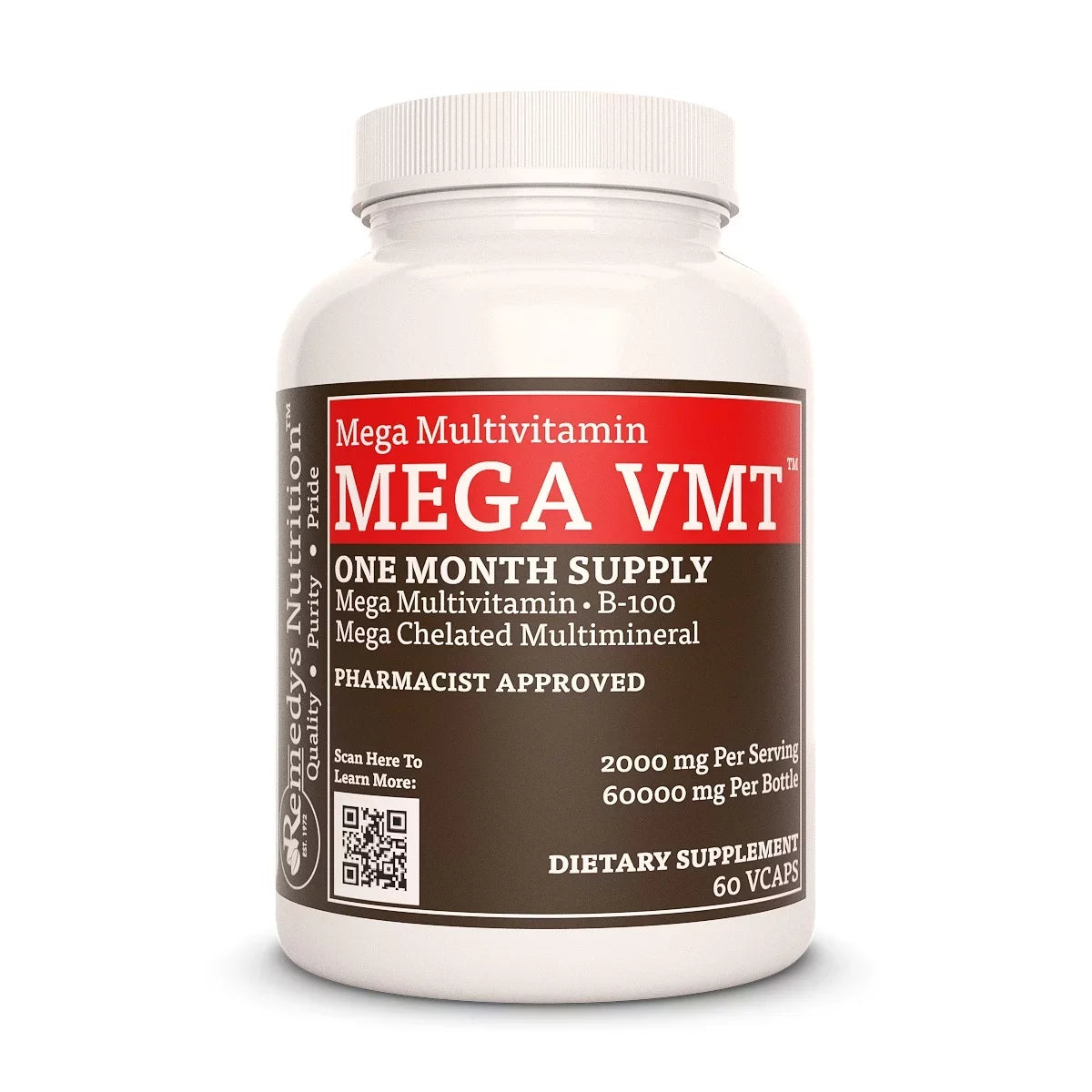 Image of Remedy's Nutrition® Mega VMT™ High Dose Multivitamin Capsules Herbal Dietary Supplement front bottle. Made in USA.