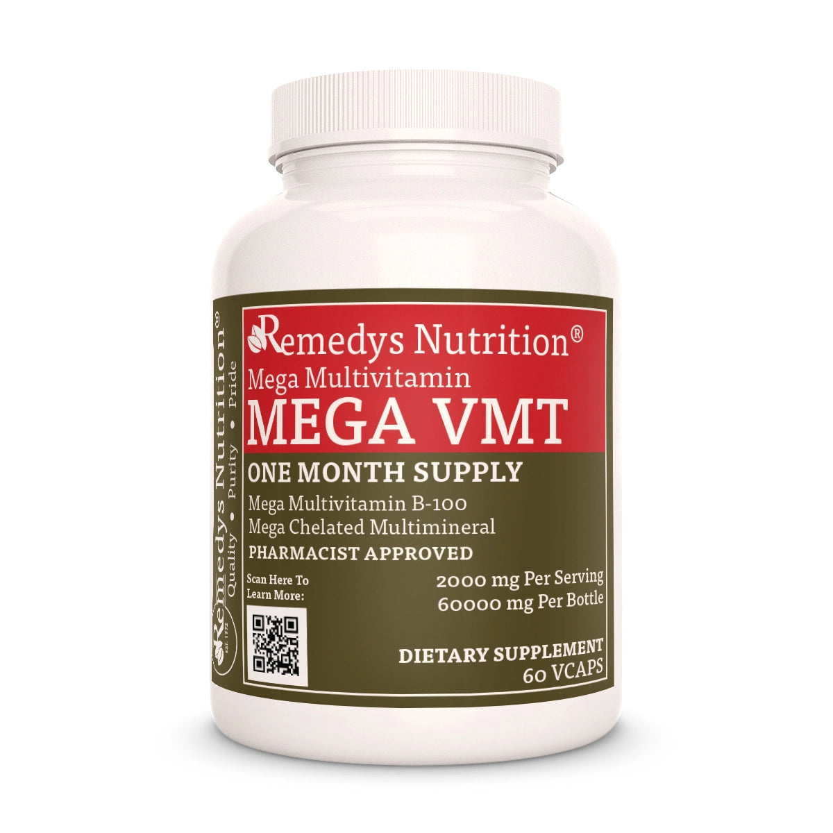 Image of Remedy's Nutrition® Mega VMT™ High Dose Multivitamin Capsules Herbal Dietary Supplement front bottle. Made in USA.