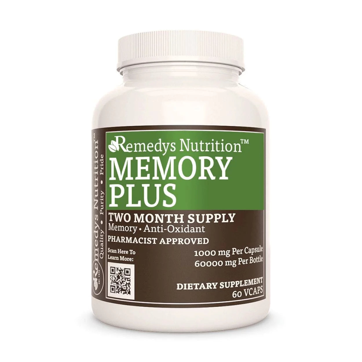Image of Remedy's Nutrition® Memory Plus™ Capsules Herbal Dietary Supplement front bottle. Made in USA. Ginseng, Rosemary. 