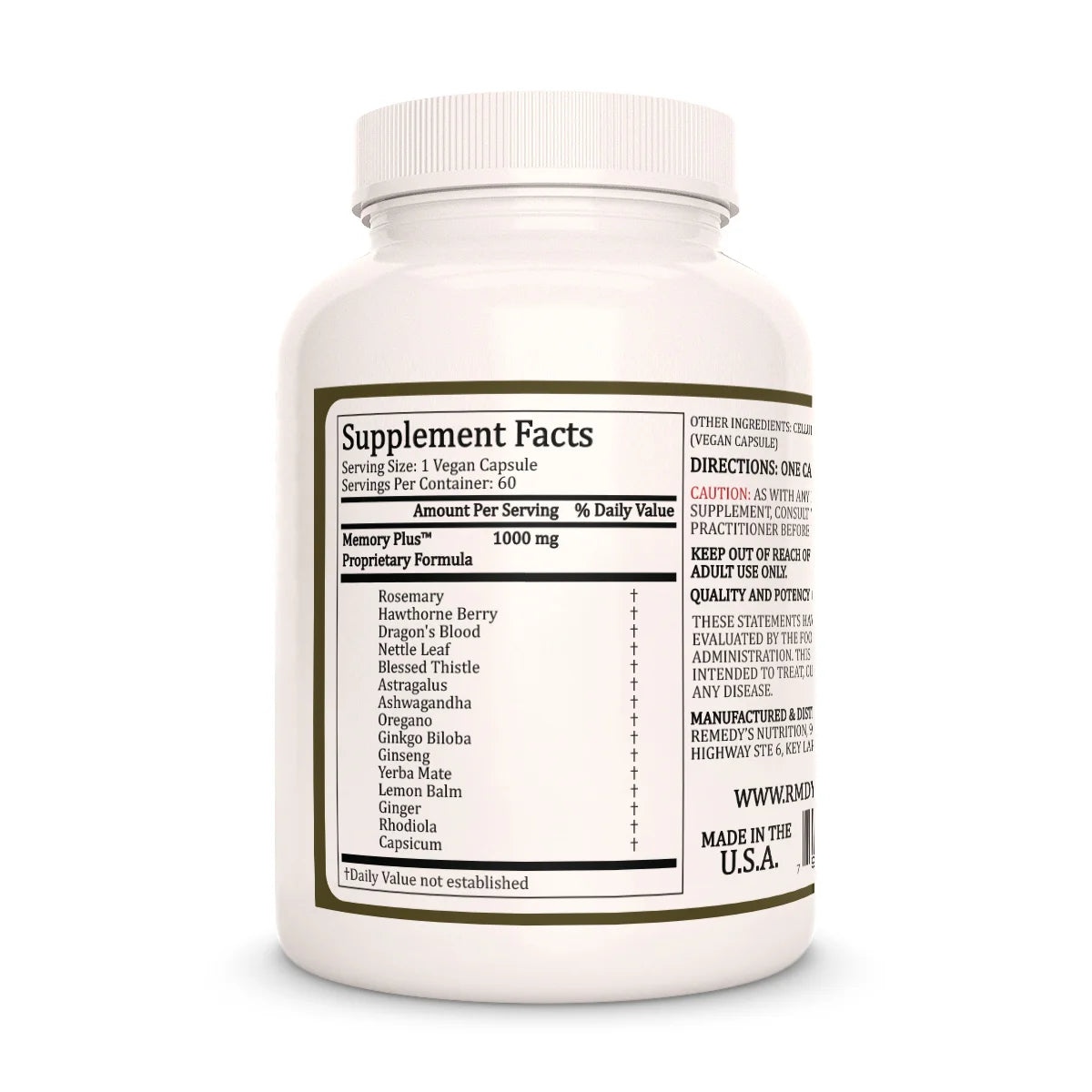 The back of a white bottle of Remedy's Nutrition® Memory Plus™ supplements, showing the Supplement Facts and 1000 mg formula.