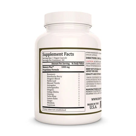The back of a white bottle of Remedy's Nutrition® Memory Plus™ supplements, showing the Supplement Facts and 1000 mg formula.
