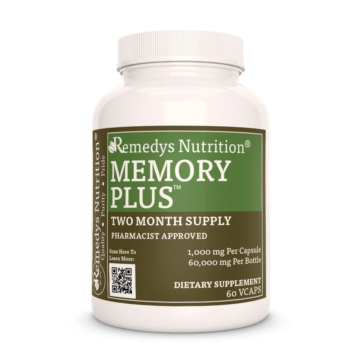 A white bottle of Remedy's Nutrition® Memory Plus™ dietary supplement. The green and brown label indicates a two-month supply.