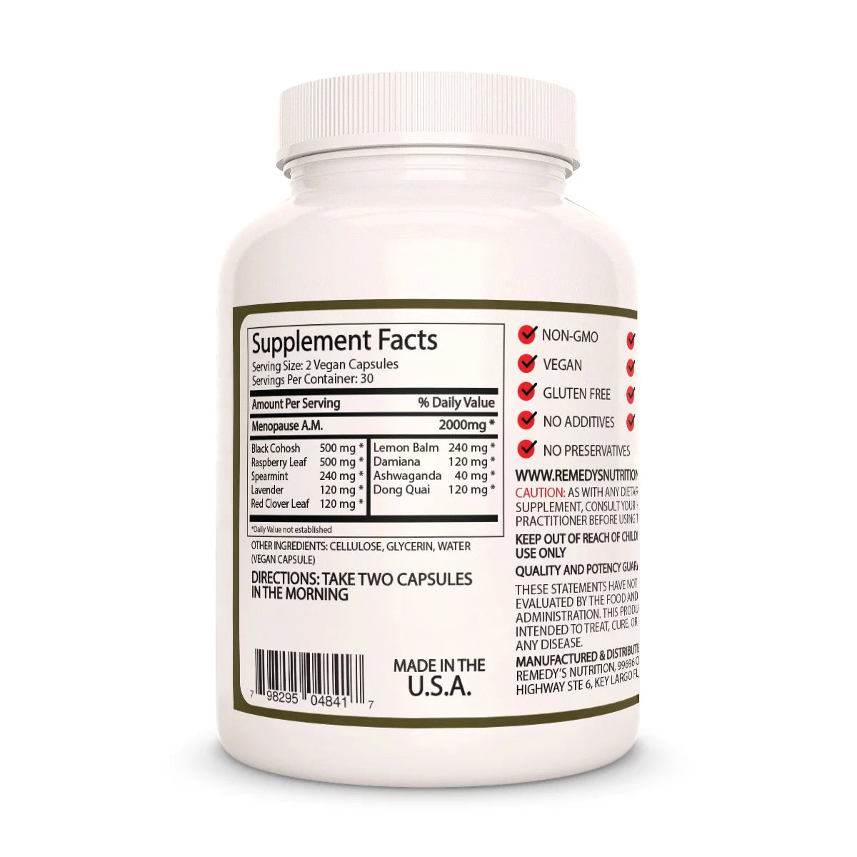 Image of Remedy's Nutrition® Menopause A.M.™ back bottle label. Supplement Facts Ingredients Lavender, Red Clover, Lemon Balm