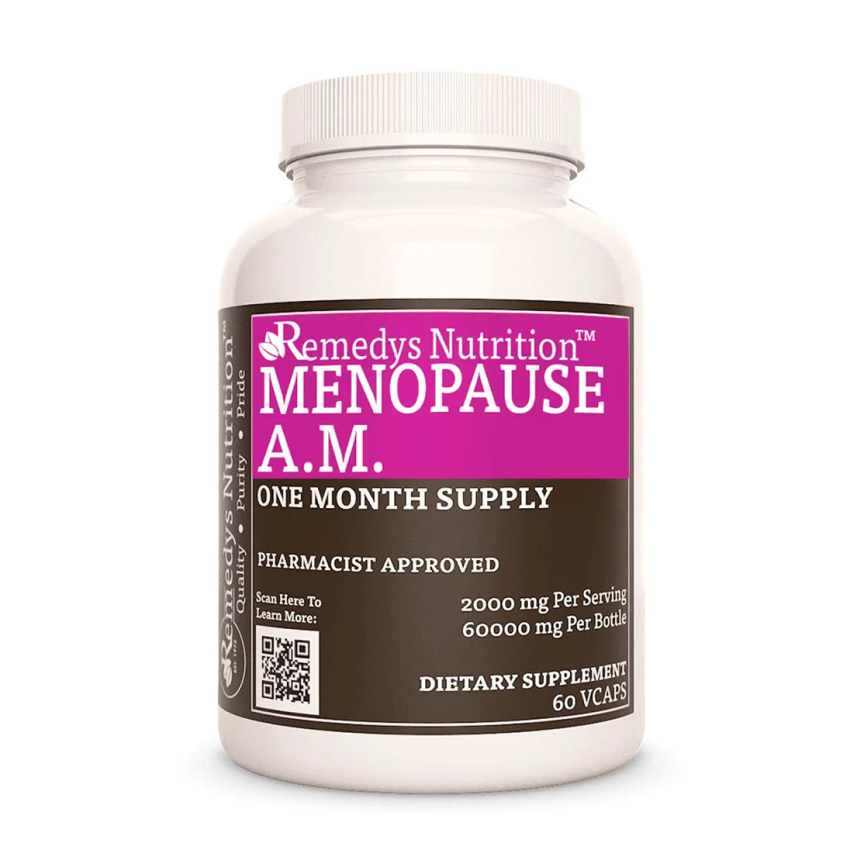 Image of Remedy's Nutrition® Menopause A.M.™ Capsules Herbal Dietary Supplement front bottle Made in USA. Raspberry Spearmint