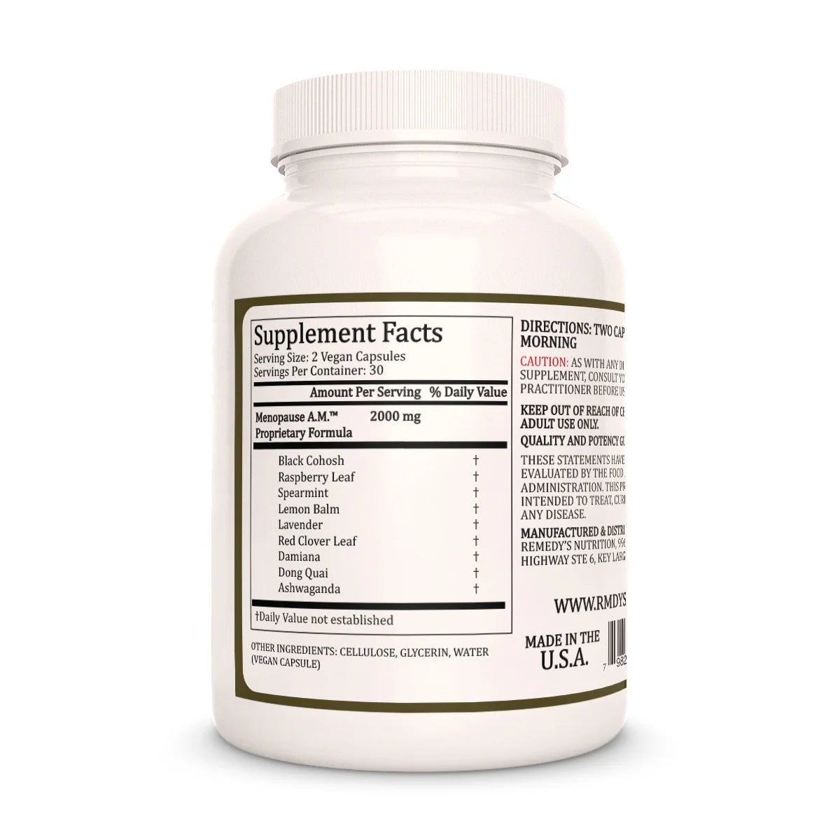 The back of a white bottle of Remedy's Nutrition Menopause A.M.™ supplements, showing the Supplement Facts label with a 2000 mg proprietary formula.