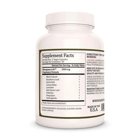 The back of a white bottle of Remedy's Nutrition Menopause A.M.™ supplements, showing the Supplement Facts label with a 2000 mg proprietary formula.