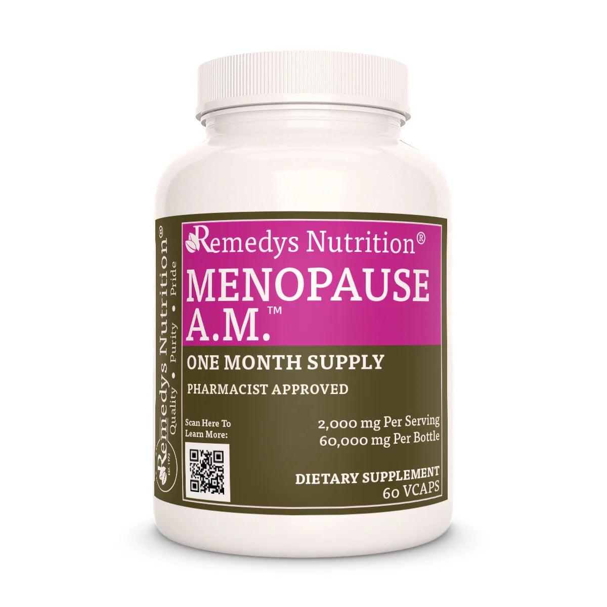 A white bottle of Remedy's Nutrition® Menopause A.M.™ dietary supplement. The pink and brown label states it is a one-month supply.