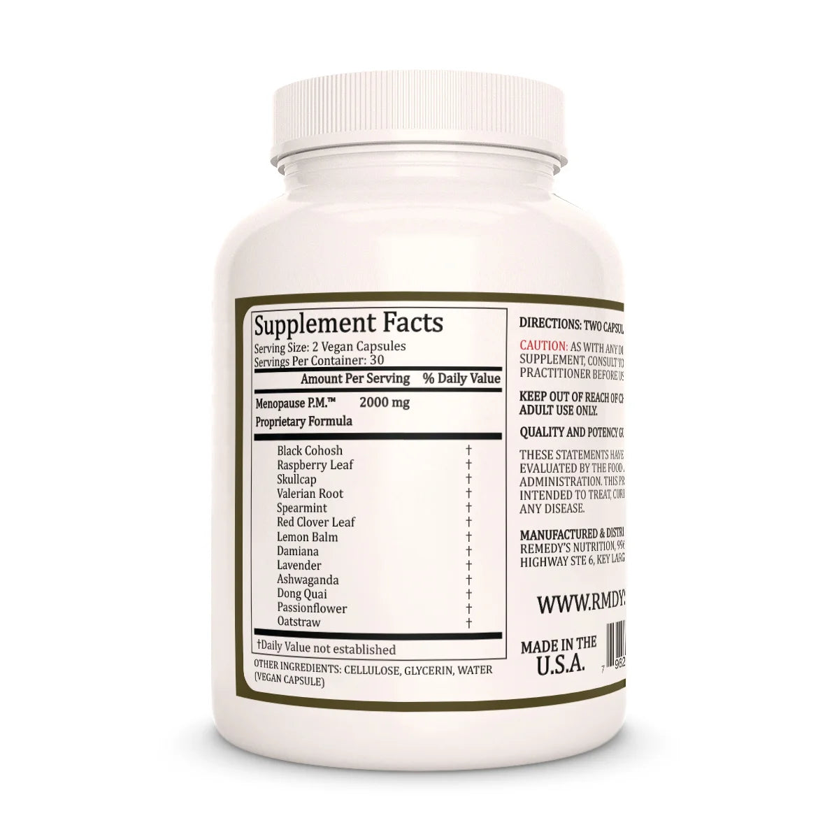 The back of a white bottle of Remedy's Nutrition Menopause P.M.™ supplements, showing the Supplement Facts label with a 2000 mg proprietary formula.
