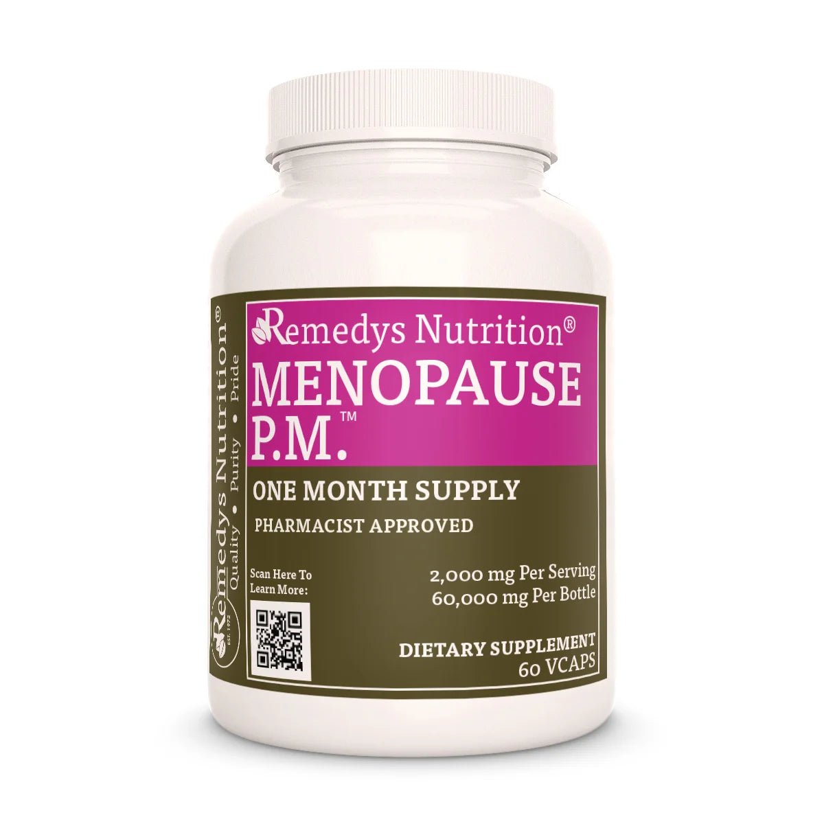A white bottle of Remedy's Nutrition® Menopause P.M.™ dietary supplement. The pink and brown label indicates a one-month supply.