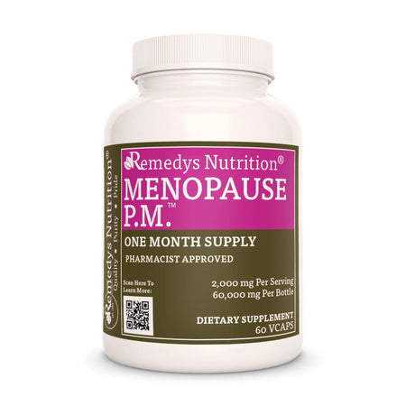 A white bottle of Remedy's Nutrition® Menopause P.M.™ dietary supplement. The pink and brown label indicates a one-month supply.