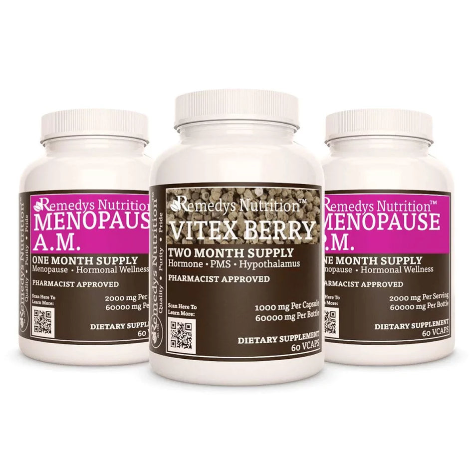 Image of Remedy's Nutrition® Menopause & Sleep Power Pack™ includes Menopause A.M., Menopause P.M. & Vitex Berry Supplements.