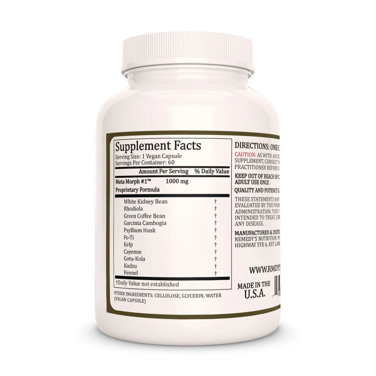 The back of a Remedy's Nutrition® Meta Morph #1™ bottle, showing the Supplement Facts label with a 1000 mg proprietary formula.