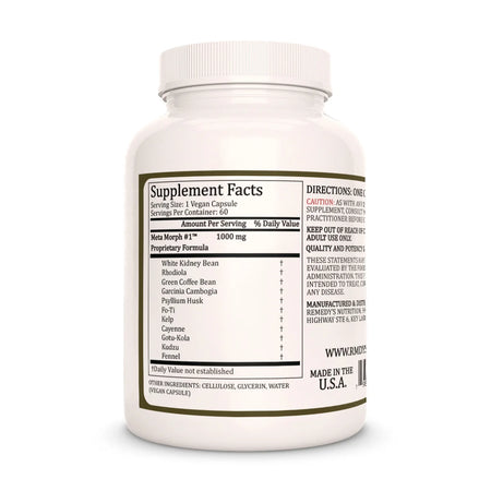 The back of a Remedy's Nutrition® Meta Morph #1™ bottle, showing the Supplement Facts label with a 1000 mg proprietary formula.