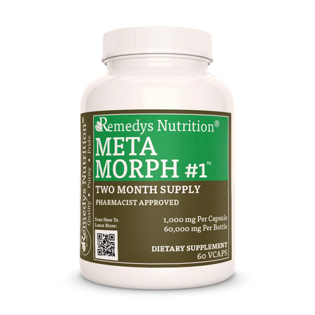 A white bottle of Remedy's Nutrition® Meta Morph #1™ dietary supplement. The green and brown label indicates a two-month supply.