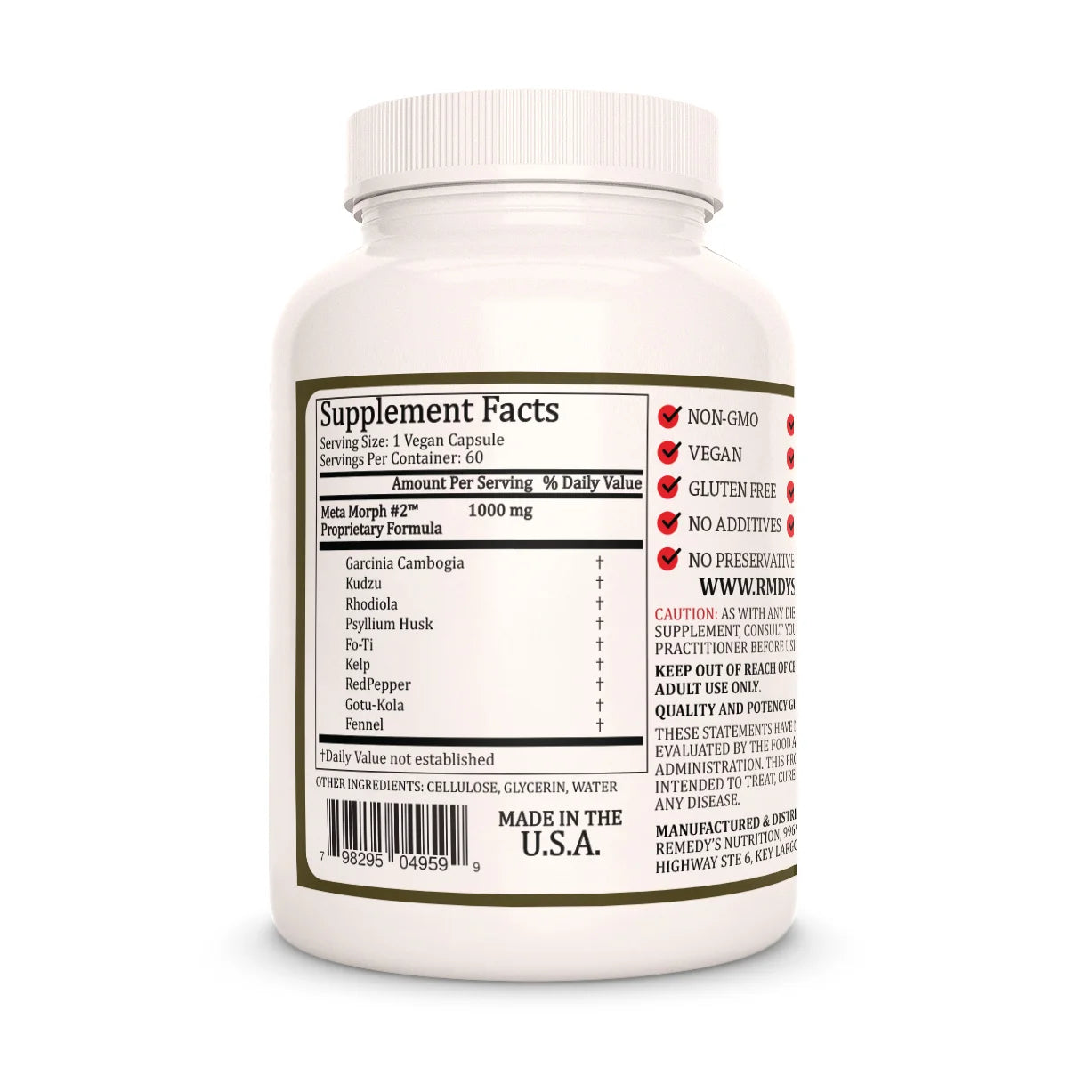 The back of a Remedy's Nutrition® Meta Morph #2™ bottle, showing the Supplement Facts label with a 1000 mg proprietary formula.
