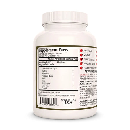 The back of a Remedy's Nutrition® Meta Morph #2™ bottle, showing the Supplement Facts label with a 1000 mg proprietary formula.
