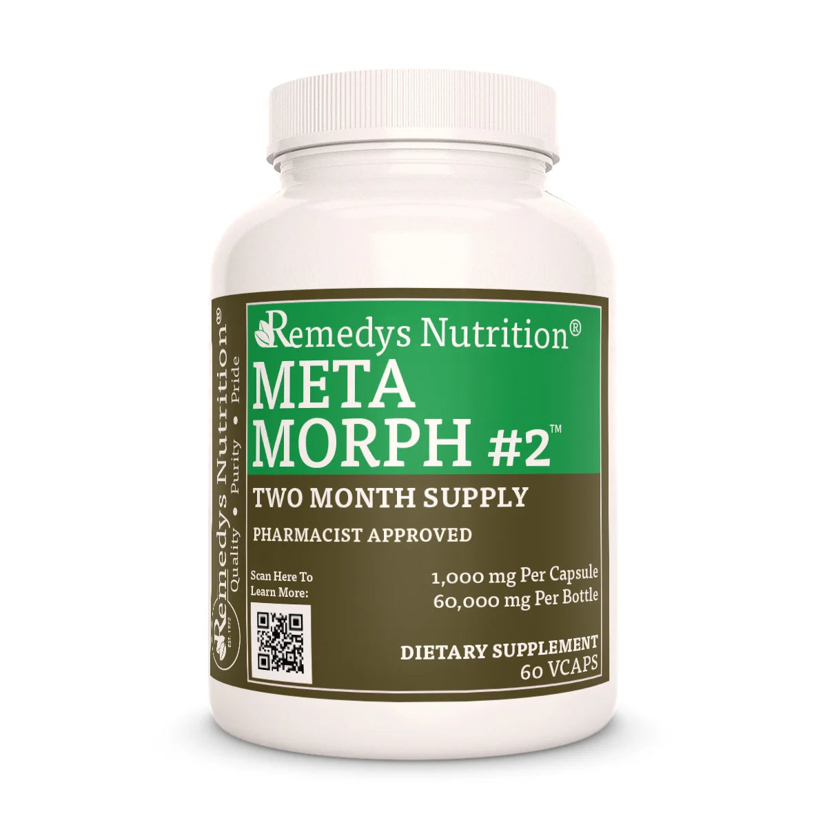A white bottle of Remedy's Nutrition® Meta Morph #2™ dietary supplement. The green and brown label indicates a two-month supply.