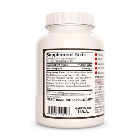 Image of Remedy's Nutrition® Meta-Morph #1™ Weight Loss bottle label. Supplement Facts Ingredients Rhodiola Kelp Anise Flax