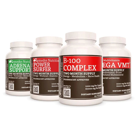 Image of Remedy's Nutrition® Metabolism Power Pack™ includes B-100 Complex, Mega VMT™, Power Surfer™, and Adrenal Support™.