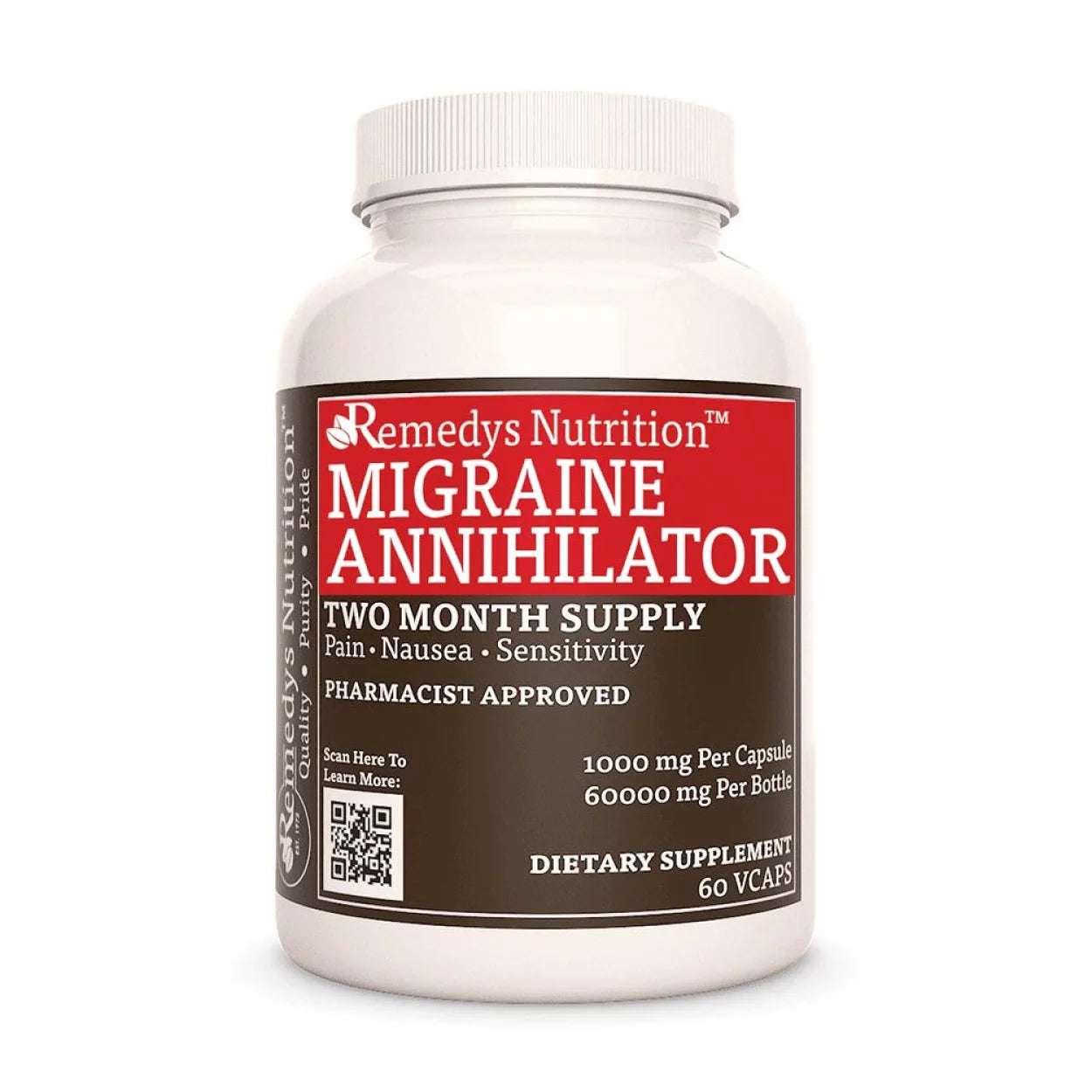 Image of Remedy's Nutrition® Migraine Annihilator™ Capsules Herbal Dietary Supplement bottle. Made in USA. Feverfew, Ginger.