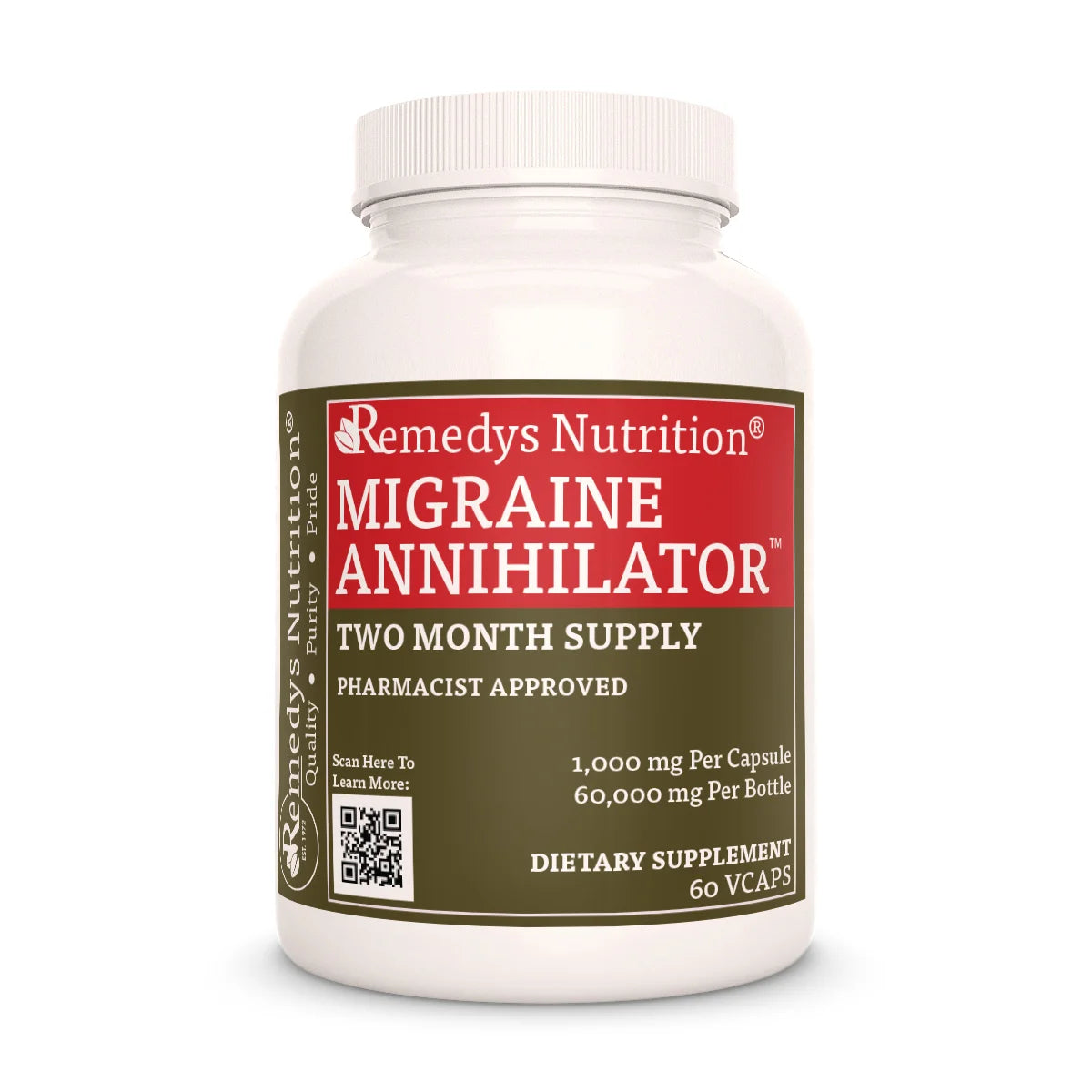 A white bottle of Remedy's Nutrition® Migraine Annihilator® dietary supplement. The red and brown label indicates a two-month supply.