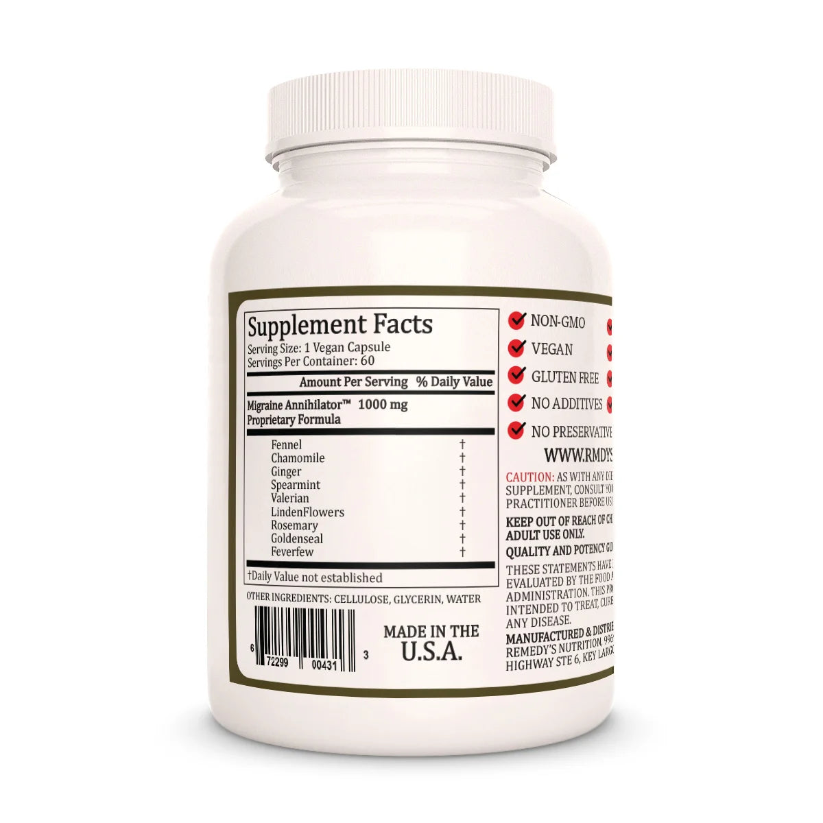 The back of a Remedy's Nutrition® Migraine Annihilator™ bottle, showing the Supplement Facts and a 1000 mg proprietary formula.