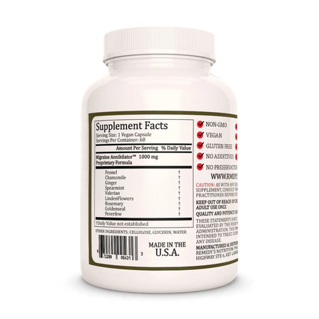 The back of a Remedy's Nutrition® Migraine Annihilator™ bottle, showing the Supplement Facts and a 1000 mg proprietary formula.