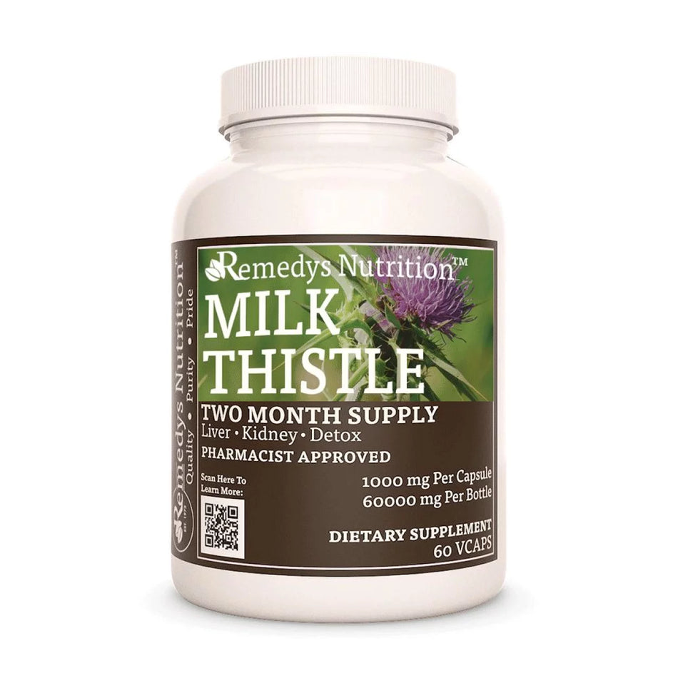 Image of Remedy's Nutrition® Milk Thistle Capsules Herbal Dietary Supplement front bottle. Made in the USA. Silybum marianum.