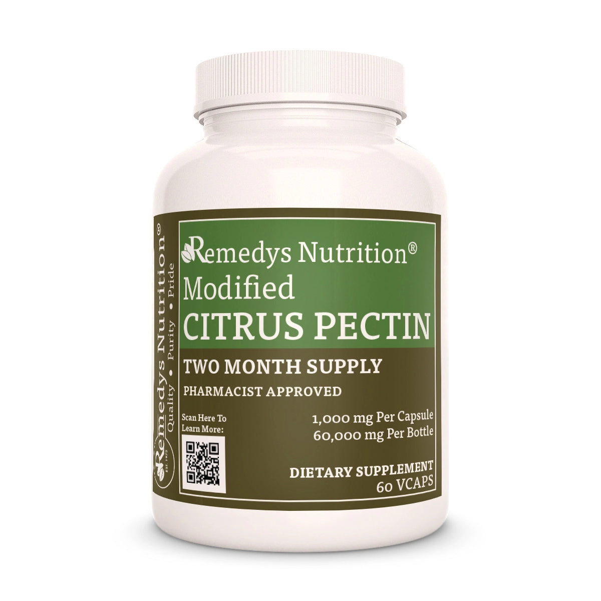 A front view of a bottle of Remedy's Modified Citrus Pectin (MCP), a dietary supplement with 60 capsules.