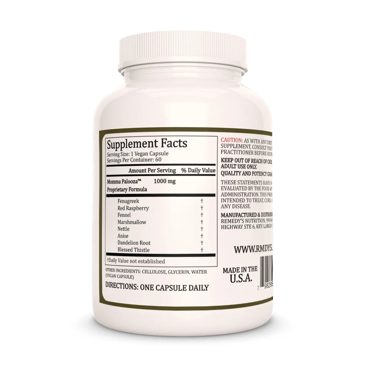 The back of a Remedy's Nutrition® Momma Palooza™ bottle, showing the Supplement Facts label with a 1000 mg proprietary formula.