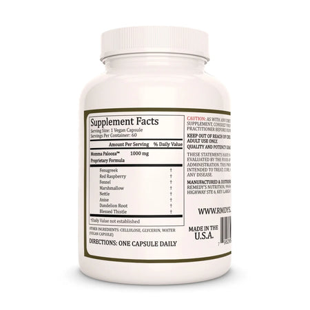The back of a Remedy's Nutrition® Momma Palooza™ bottle, showing the Supplement Facts label with a 1000 mg proprietary formula.