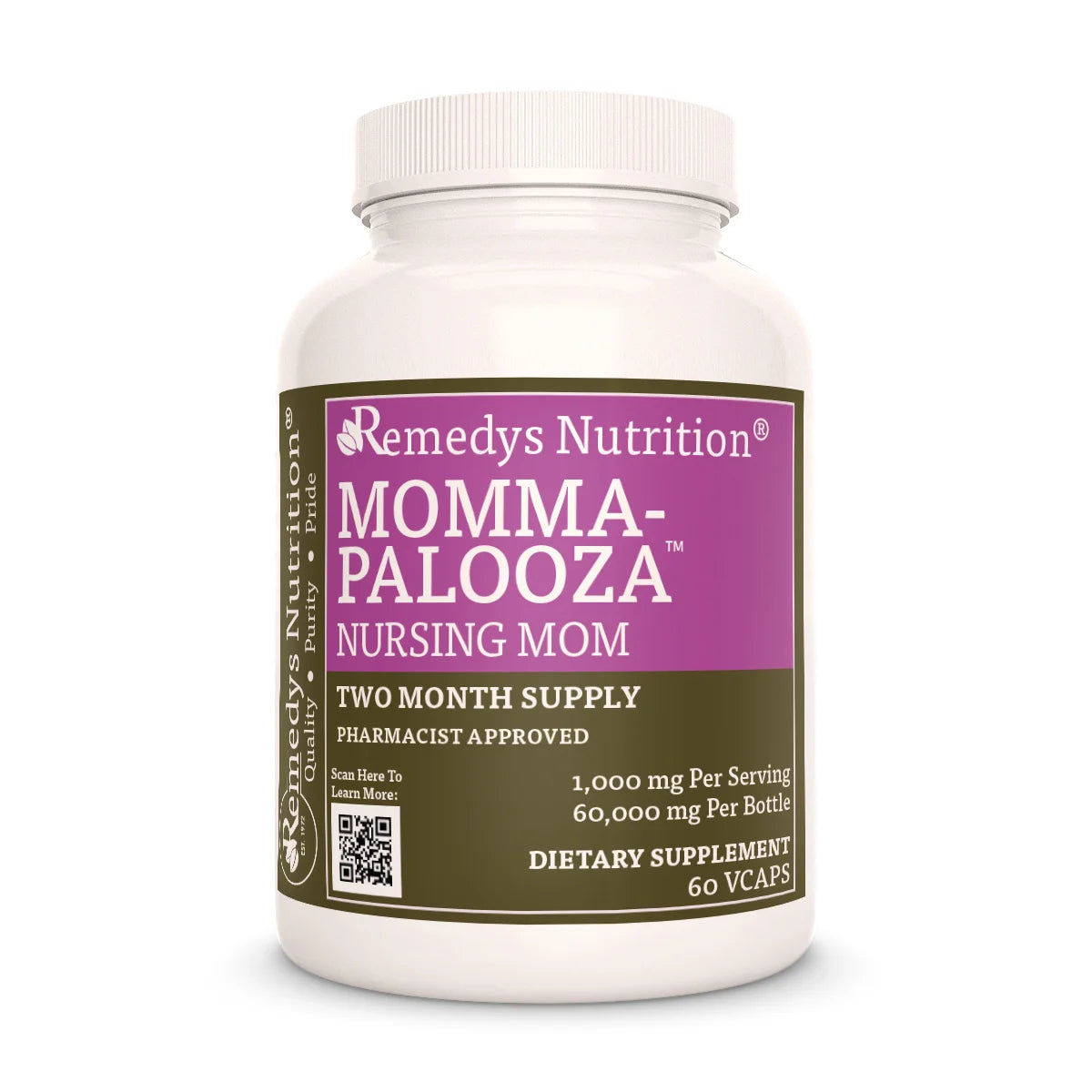 A white bottle of Remedy's Nutrition® Momma-Palooza™ Nursing Mom dietary supplement. The purple and brown label indicates a two-month supply.