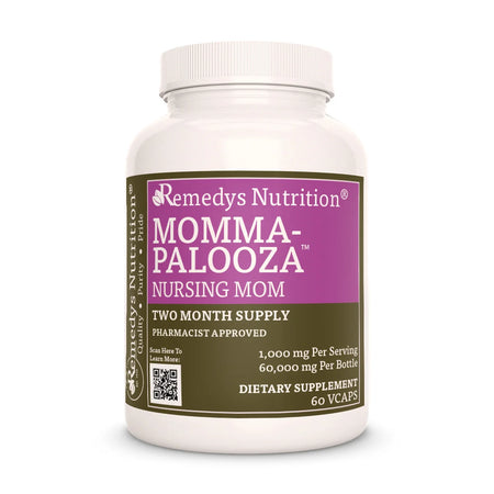 A white bottle of Remedy's Nutrition® Momma-Palooza™ Nursing Mom dietary supplement. The purple and brown label indicates a two-month supply.