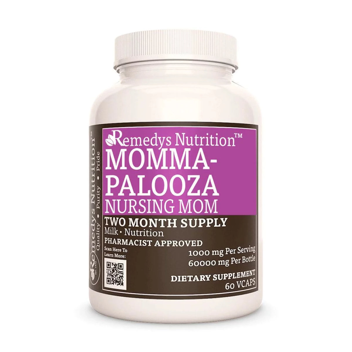 Image of Remedy's Nutrition® Momma-Palooza Nursing Mom™ Capsules Dietary Supplement bottle. Made in USA. Prenatal Vitamins. 