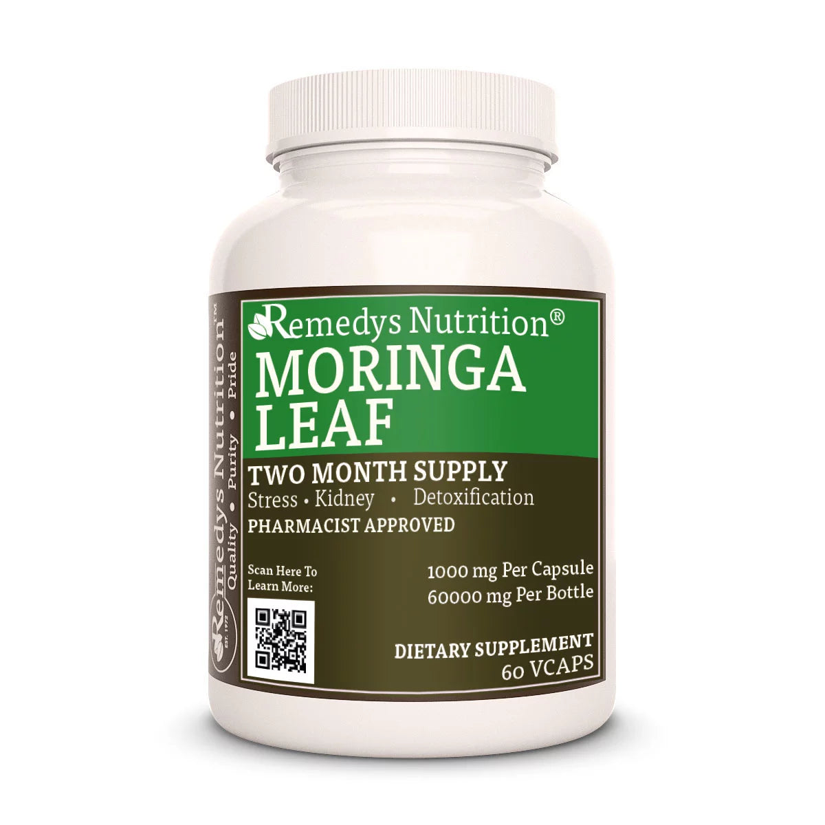 Image of Remedy's Nutrition® Moringa Leaf Capsules Herbal Dietary Supplement front bottle. Made in the USA. Moringa oleifera.