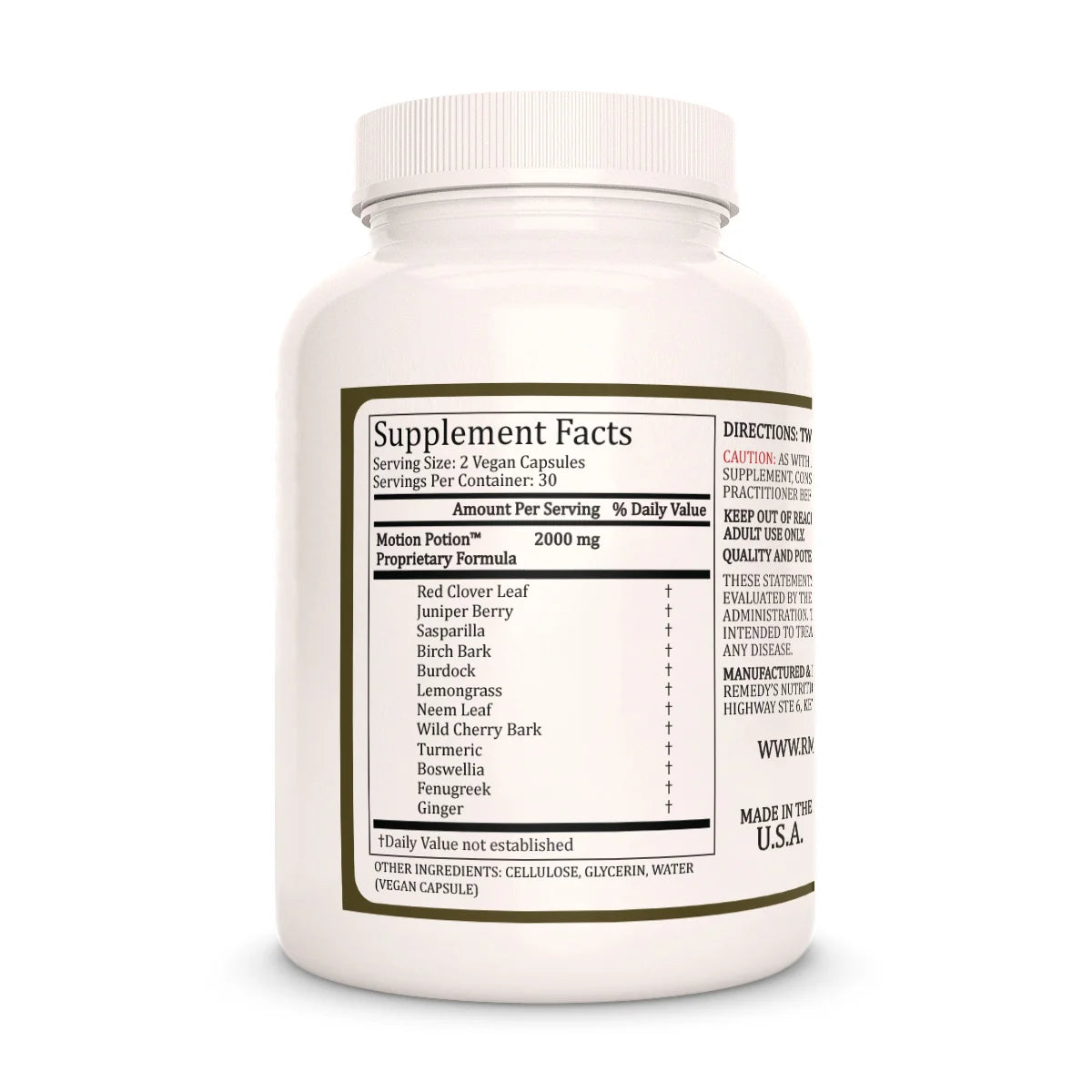 The back of a Remedy's Nutrition Motion Potion bottle, showing the Supplement Facts label with a 2000 mg proprietary formula.