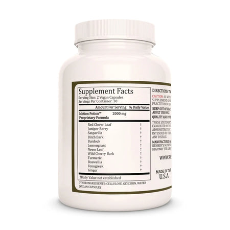 The back of a Remedy's Nutrition Motion Potion bottle, showing the Supplement Facts label with a 2000 mg proprietary formula.