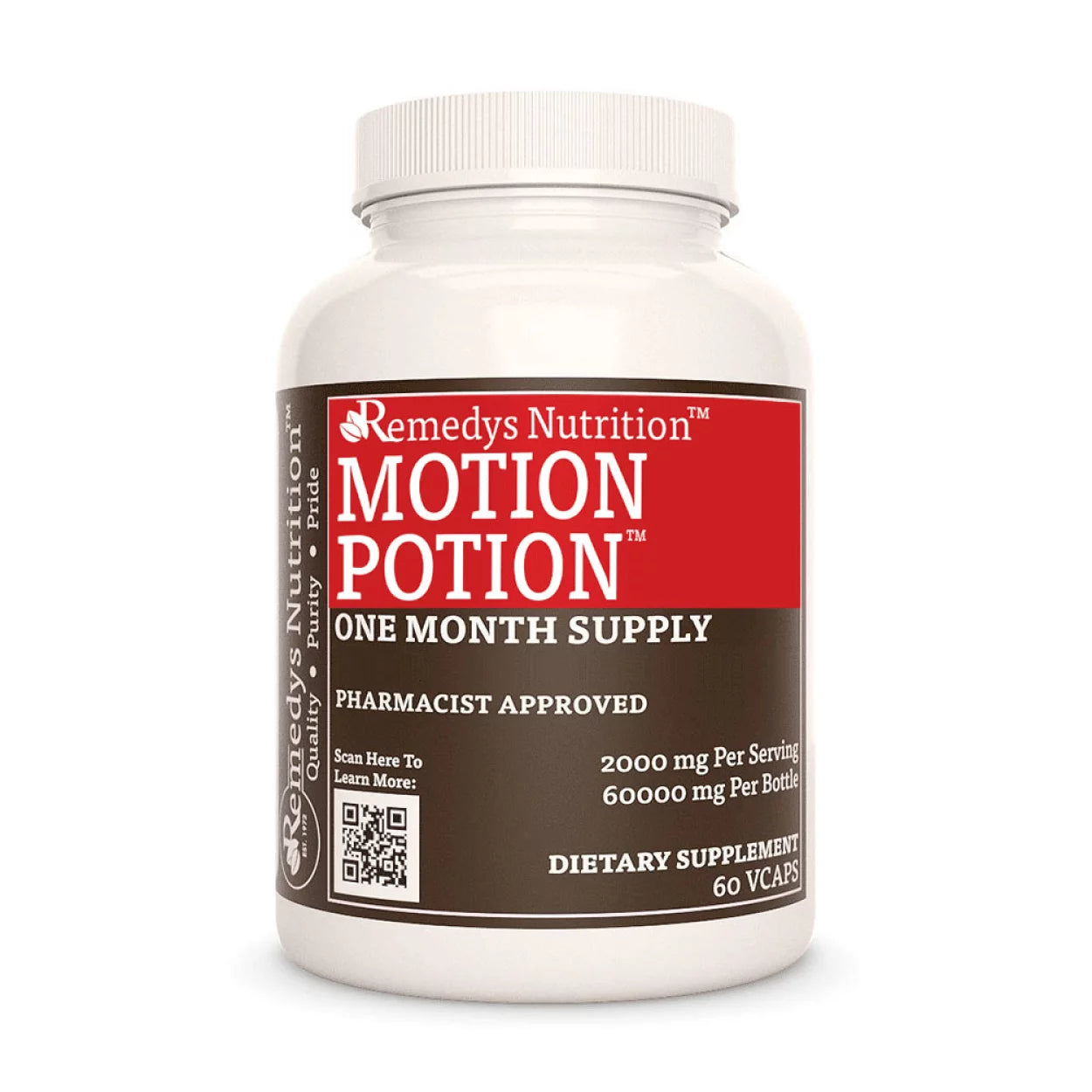 Image of Remedy's Nutrition® Motion Potion™ Capsules Dietary Herbal Supplement front bottle. Made in USA. Neem Burdock Cherry