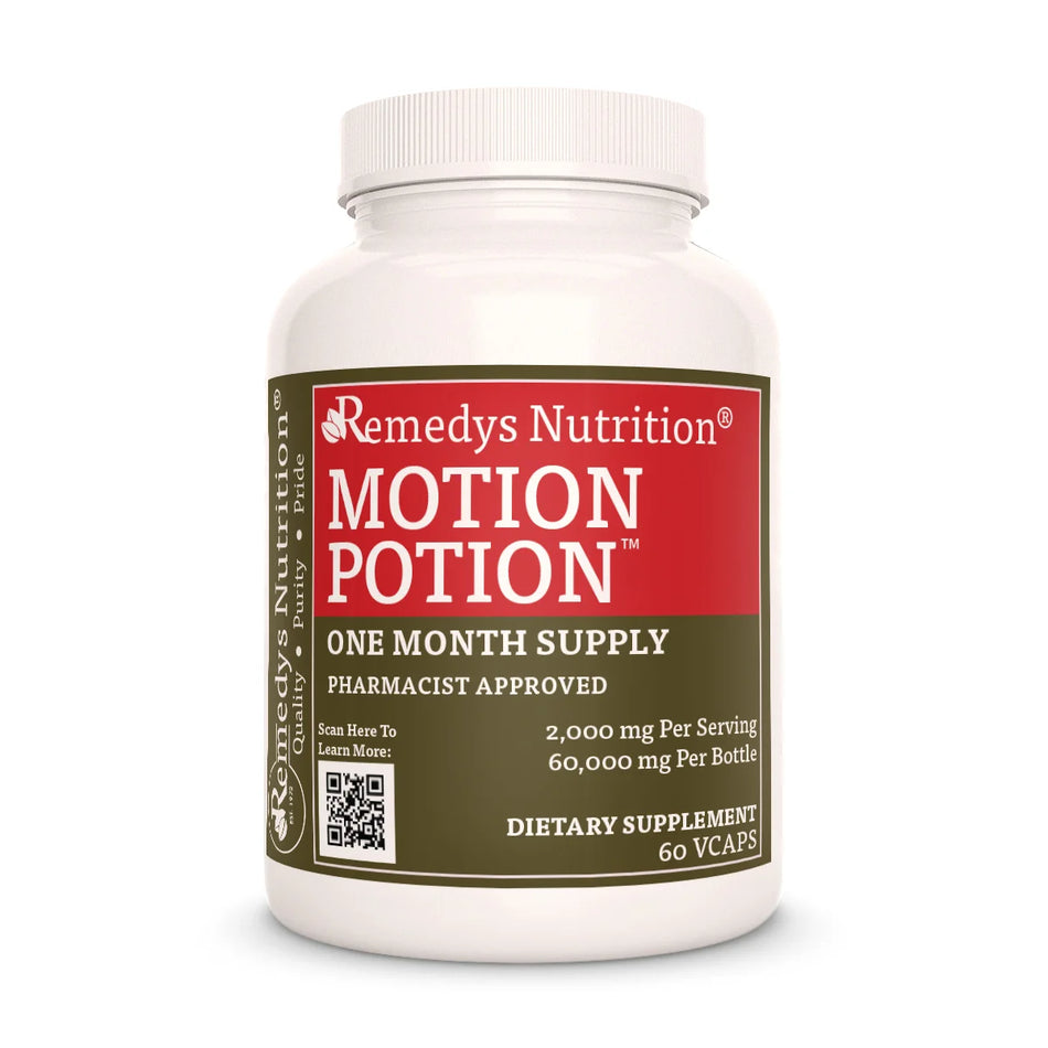 A white bottle of Remedy's Nutrition® Motion Potion™ dietary supplement. The red and brown label indicates a one-month supply.