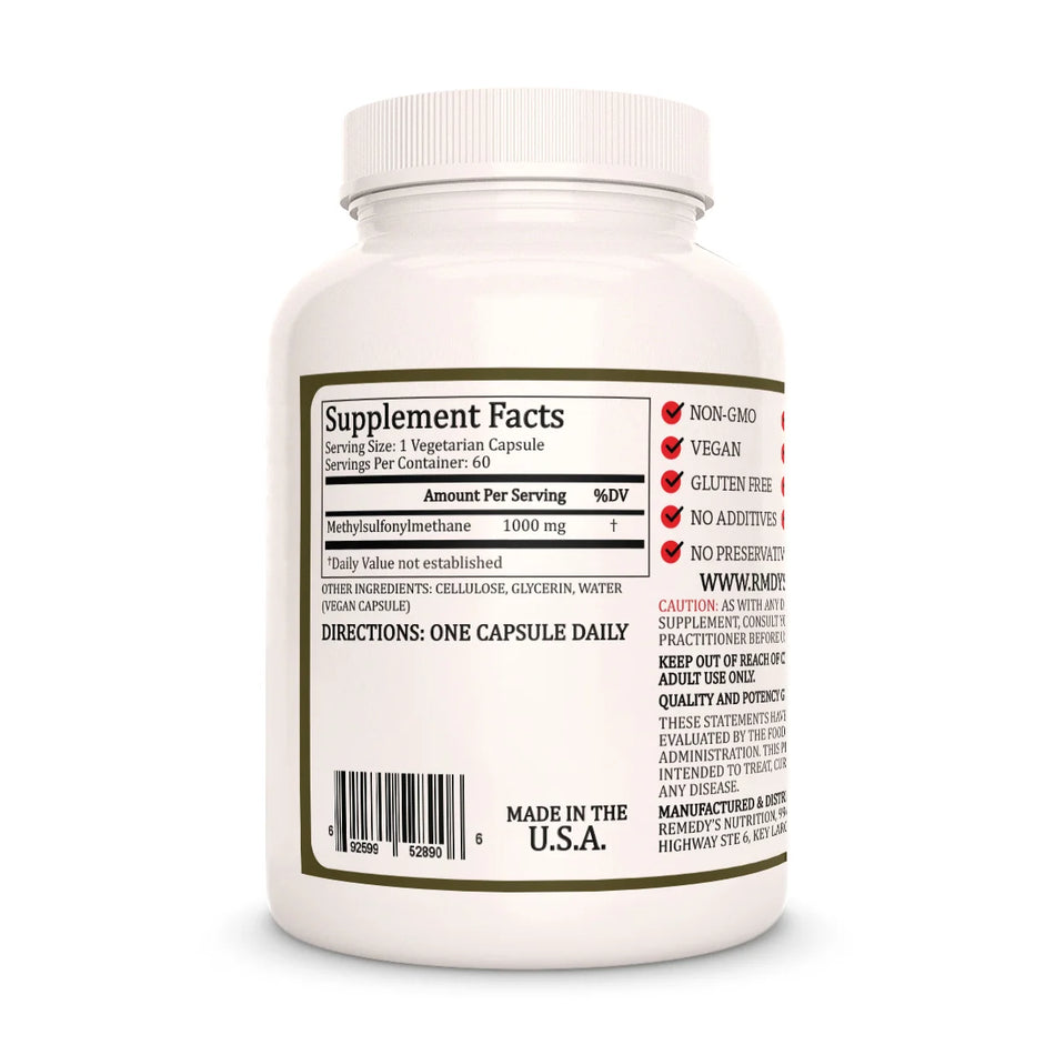 The Supplement Facts for Remedy's Nutrition MSM, showing a 1000mg serving and daily directions.