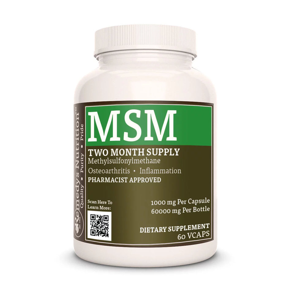Image of Remedy's Nutrition® MSM Capsules Dietary Supplement front bottle. Made in the USA.